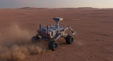 Fototapeta premium A grey exploration rover kicks up dust while traversing a vast reddish alien desert under a hazy sky