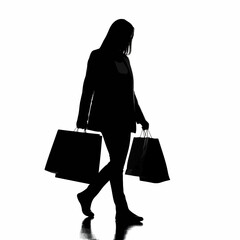 Black silhouette of a woman walking with shopping bags on a white background.