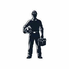 Construction worker silhouette with hard hat and toolbox vector illustration.
