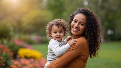 Fototapeta premium Happy Mother Holding Baby Boy in Lively Garden Setting