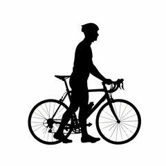 Silhouette of a cyclist standing next to a road bicycle.