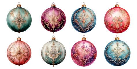 Elegant Vintage Christmas Ornaments in Soft Pastel Colors and Designs, Isolated on Transparent, white background