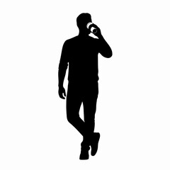 Silhouette of a man standing and drinking from a paper cup.