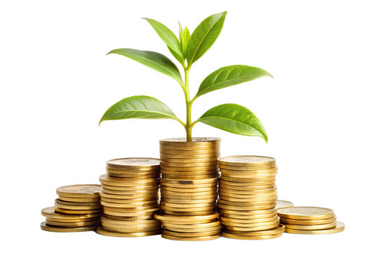 Stacks of gold coins supporting plant growth symbolizing financial prosperity Image
 - Powered by Adobe
