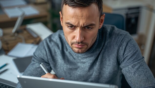Focused man working on tablet in modern workspace setting