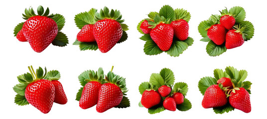 Fresh Red Strawberries on Green Leaves Isolated on White Background, Isolated on Transparent, white background