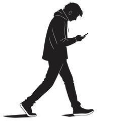 Silhouette of a young man in a hoodie walking and using a smartphone.
