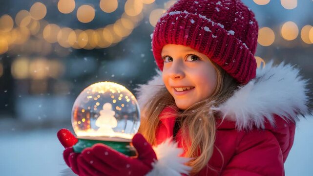 Joyful girl marveling at magical snow globe with twinkling lights, perfect for holiday ads or festive promotions