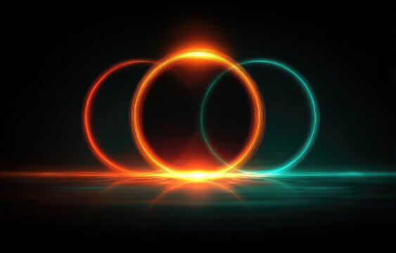 Three luminous rings, orange and teal, overlap on a dark reflective surface, emitting a bright glow