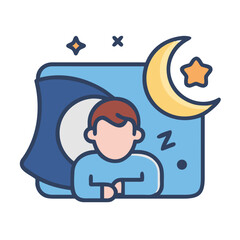Vector icon of a person sleeping in bed at night.