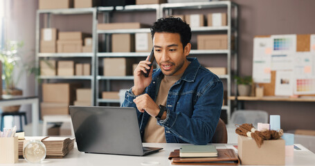 Phone call, laptop and logistics with man in warehouse for supplier, inventory manager and contact. Delivery confirmation, shipping help desk and courier advisor with person for distribution faq