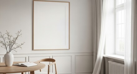 Fototapeta premium Minimalist interior scene with tall framed artwork and natural light