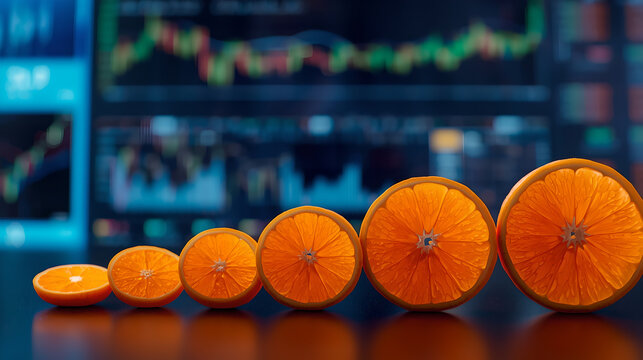 Growing Citrus Market: Orange Slices Arranged as Financial Growth Chart.