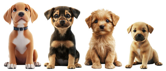 Adorable Collection of Cute Cartoon Puppies Sitting Together, Isolated on Transparent Background