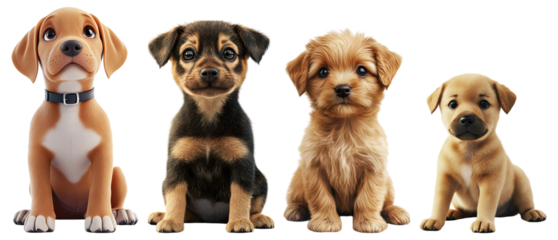 Adorable Collection of Cute Cartoon Puppies Sitting Together, Isolated on Transparent Background