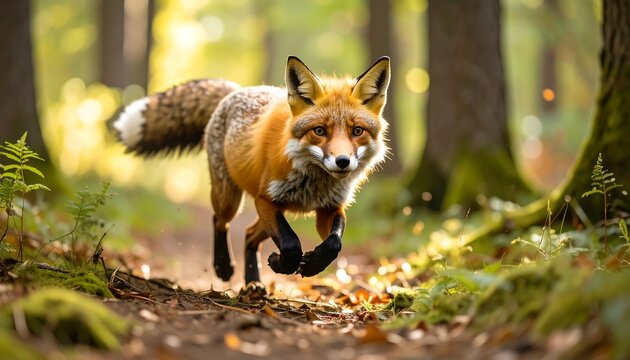 Red fox running through a sunlit forest