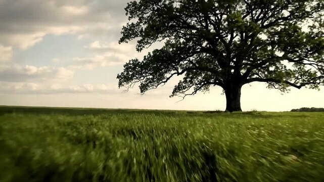Close up details of the tree's textured bark and intricate branch structure, contrasted with the endless flow of tall grasses in the surrounding field, highlighting natural patterns and textures.
