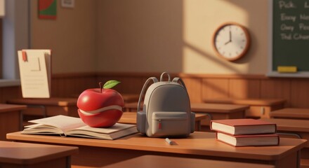A sunlit classroom desk features an apple, backpack, and books, ready for school