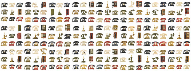 Naklejka premium Seamless pattern vector collection of vintage and antique telephones, featuring various retro rotary dial models, candlestick phones, and wall sets.