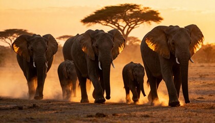 herd of african elephants walking on savannah at sunset wildlife safari