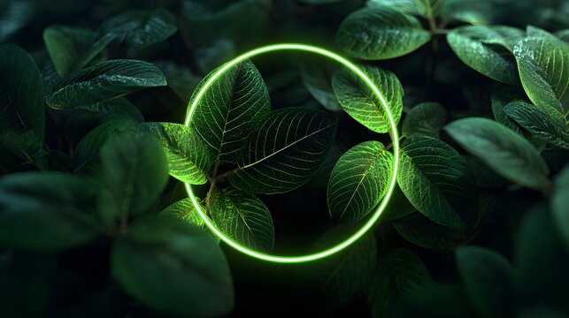 Glowing neon circle frame surrounded by lush green tropical leaves on dark background, modern eco-friendly design concept with futuristic nature vibe