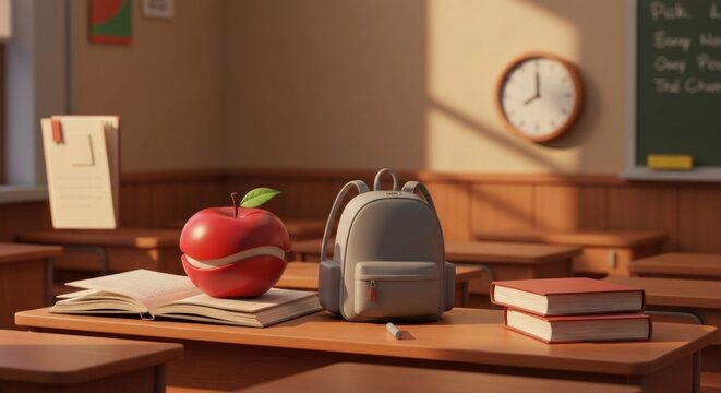 A sunlit classroom desk features an apple, backpack, and books, ready for school