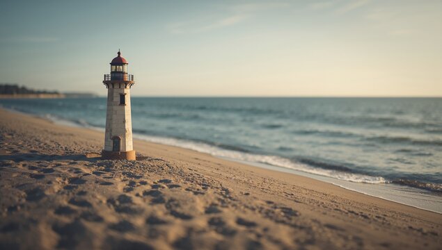 Serene Lighthouse on Beach with Gentle Waves and Clear Sky