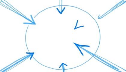 &ldquo;Hand-drawn diagram on white paper featuring a large central oval with multiple blue arrows pointing inward from various directions. Arrows vary in size and thickness, suggesting different magnitudes 