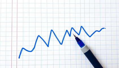 &ldquo;Blue pen drawing a jagged zigzag line on graph paper with blue grid and red vertical margin. Line suggests fluctuating data or stylized trend graph. Sketchy, expressive style evoking analysis, variat