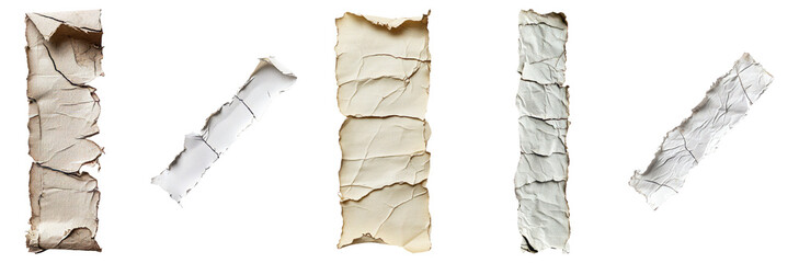 Crumpled Paper Strips in Various Textures and Colors on White Background, Isolated on Transparent, white background