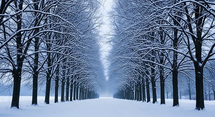 Serene snow covered tree lined path in winter wonderland landscape