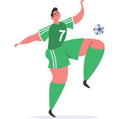 Male Soccer Player Dressed in Green Uniform with Number 7 on Shirt Kicking Soccer Ball With Knee Isolated on Transparent Background Dynamic Action Shot in Flat Design Style