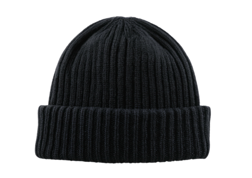 Simple dark ribbed knit beanie cap on dark background