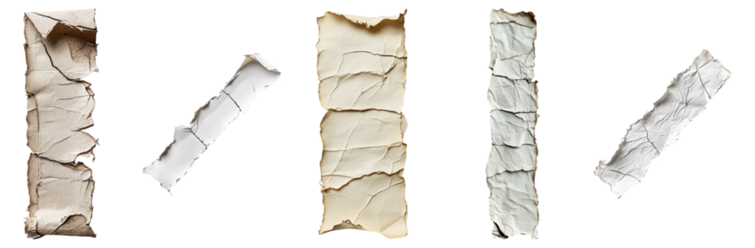 Crumpled Paper Strips in Various Textures and Colors on White Background, Isolated on Transparent, white background