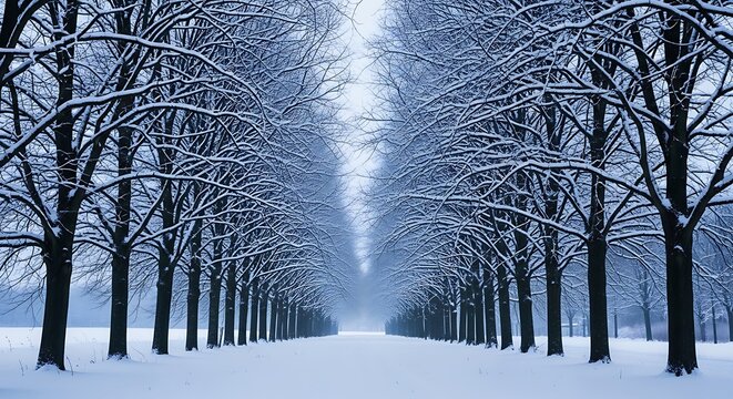 Serene snow covered tree lined path in winter wonderland landscape