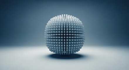 Abstract blue-grey sphere composed of numerous small, protruding rectangular blocks