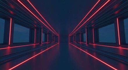 Abstract dark corridor with glowing red neon lines, symmetric and reflective, futuristic