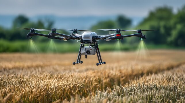 Agricultural drone flying over green crop field in modern farmland, smart farming technology for precision agriculture and sustainable food production