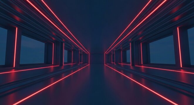 Abstract dark corridor with glowing red neon lines, symmetric and reflective, futuristic