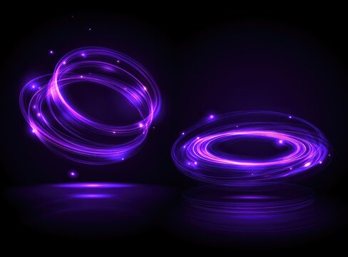Two vibrant purple glowing rings, concentric and swirling, with reflections on a dark background, emitting light trails and sparkles