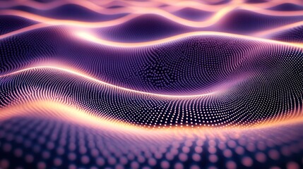 Abstract digital landscape of glowing purple-orange dotted waves, flowing energy data