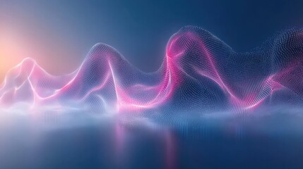 Abstract glowing particle wave in blue, pink, and orange reflecting on a dark plane