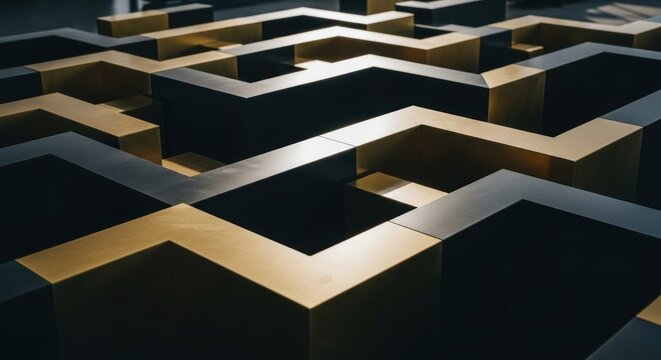 Abstract geometric maze of interlocking gold and dark gray angular blocks, creating complex paths