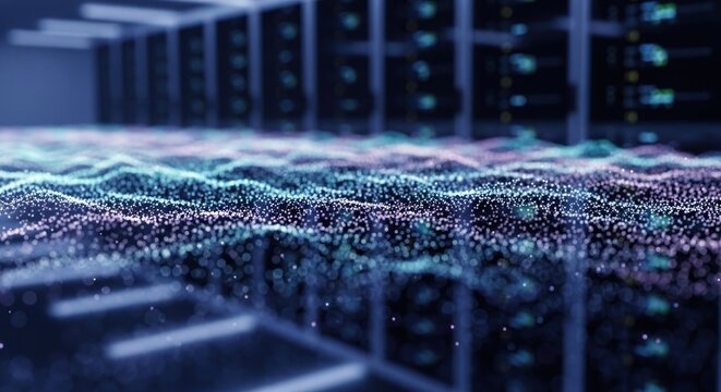 Abstract digital data wave flowing through a blurred, modern server room