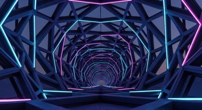 Abstract futuristic tunnel with intricate geometric structure and converging neon lights