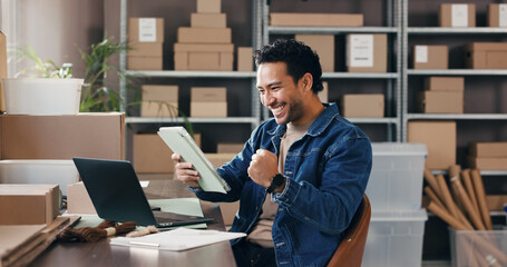 Man, fist pump and tablet with boxes for ecommerce with good news, online sales and order success. Excited, person or digital for delivery achievement, shipping and celebration of logistics promotion