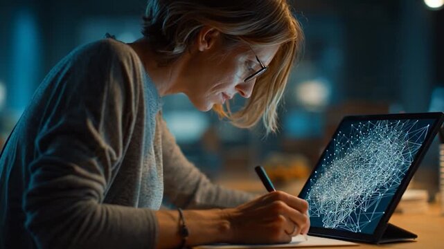 Woman Creates Digital Art on Tablet - Creative Process in a Modern Workspace.