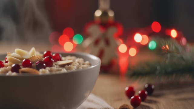 Warm steaming bowl of oatmeal with cranberries and almonds