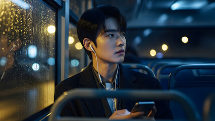 Young man listening to music on a rainy night bus commute, moody urban atmosphere and reflective window lights