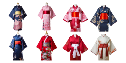Traditional Japanese Kimono Collection, set collection, mega bundle, isolated on transparent background